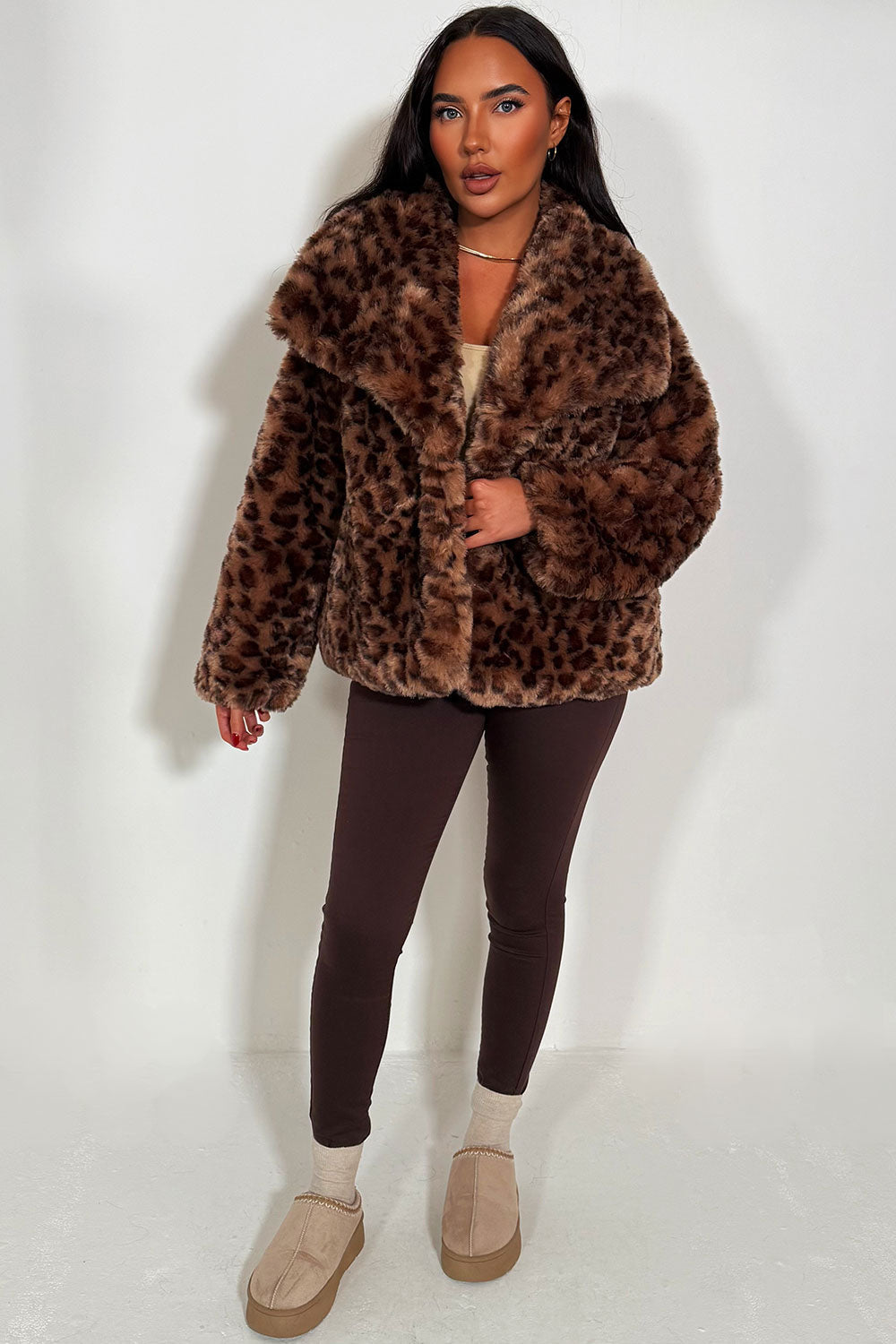 Faux Fur Jacket in Tan Leopard Print | Xtralitty