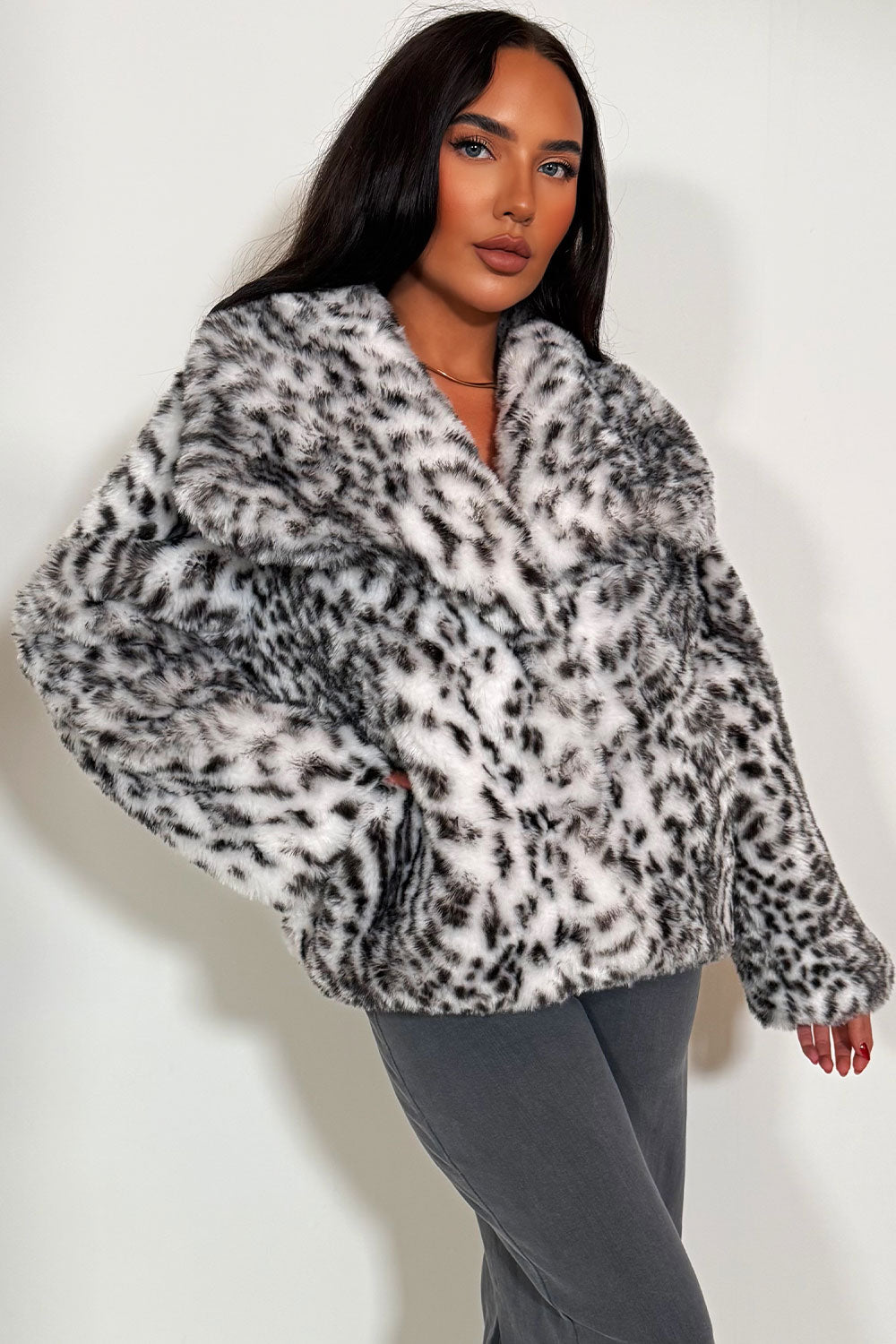 Faux Fur Jacket in White Leopard Print | Xtralitty