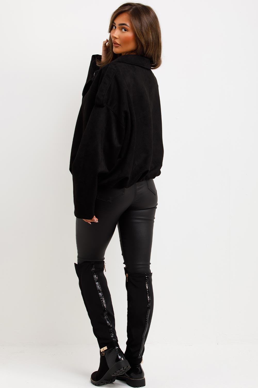 Faux Suede Bomber Jacket with Tabs Black | Xtralitty