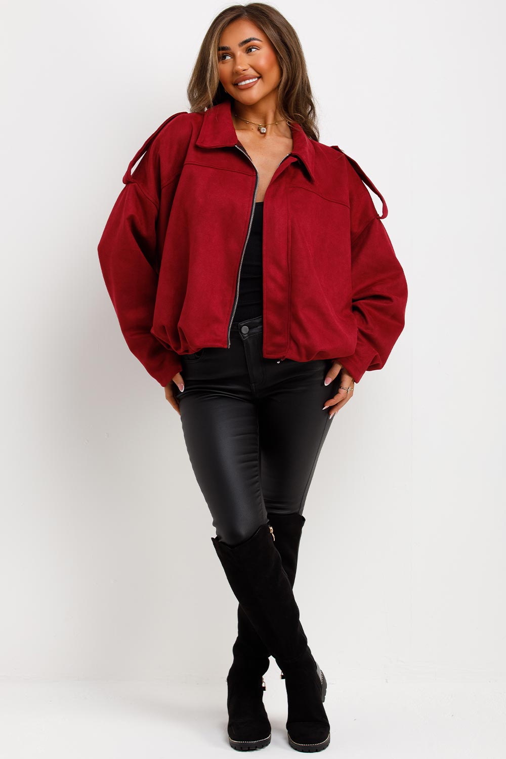 Faux Suede Bomber Jacket with Tabs Burgundy | Xtralitty
