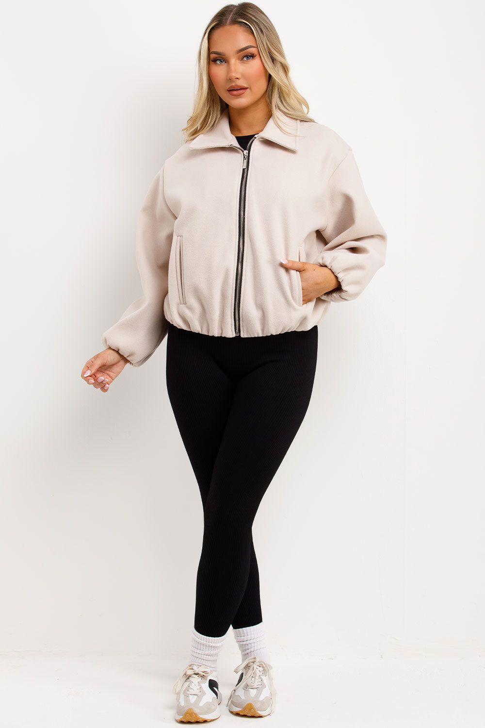 Puffed Bomber Jacket with Zip Beige | Xtralitty