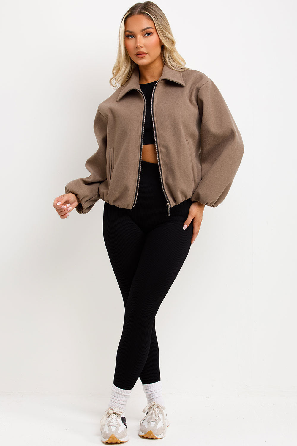 Puffed Bomber Jacket with Zip Taupe | Xtralitty