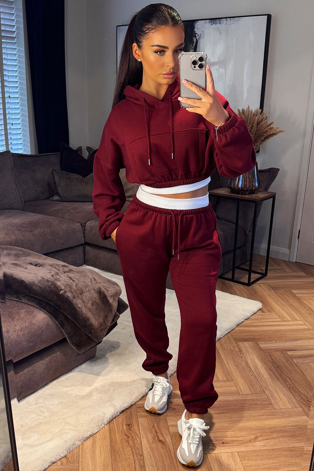 Crop Hoodie and Joggers Tracksuit Ribbed Hem Bur | Xtralitty