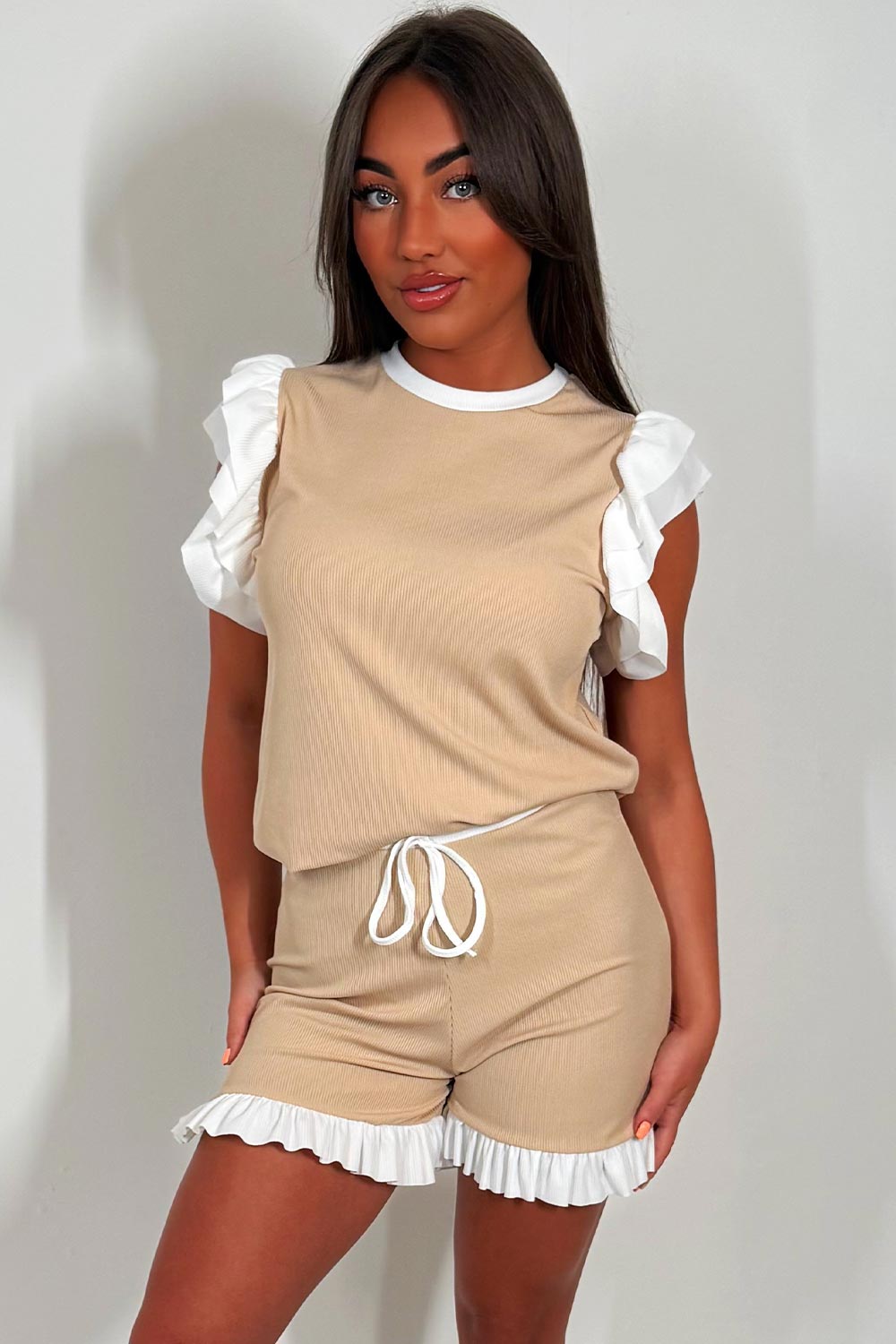 Shorts and Top Set with Ruffle Frill Detail Beig | Xtralitty
