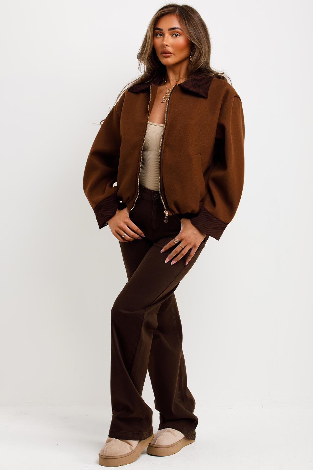 Shorts Bomber Jacket with Collar Brown | Xtralitty