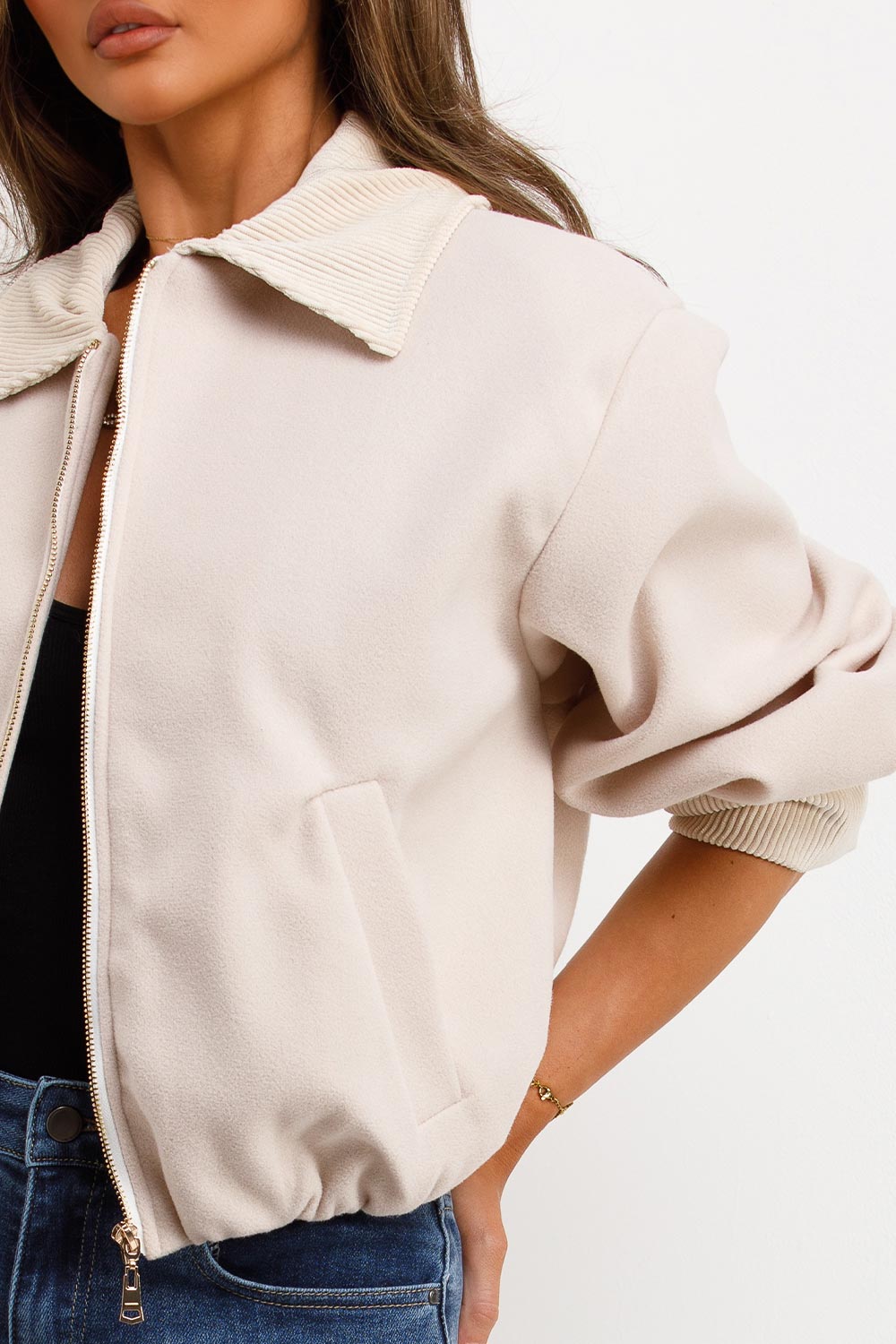 Shorts Bomber Jacket with Collar Beige | Xtralitty