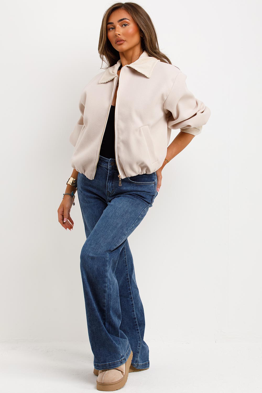 Shorts Bomber Jacket with Collar Beige | Xtralitty