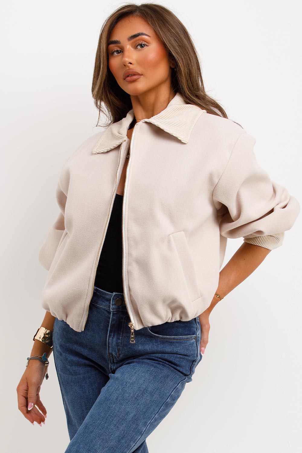 Shorts Bomber Jacket with Collar Beige | Xtralitty