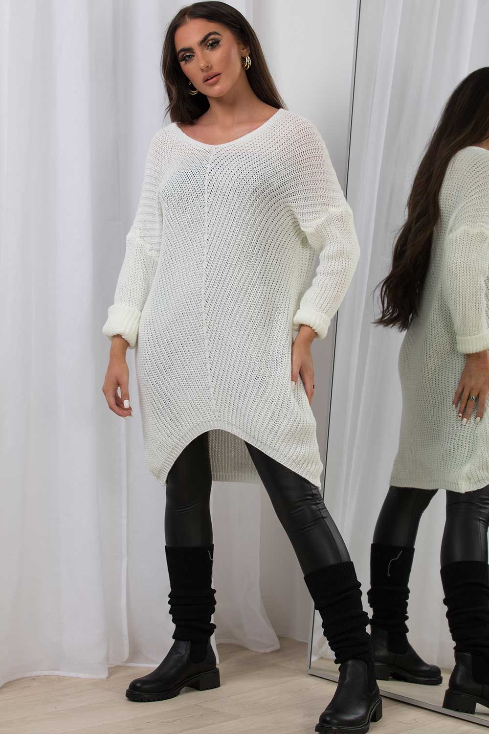 Long Sleeve Knitted Jumper in Chunky Knit Cream | Xtralitty