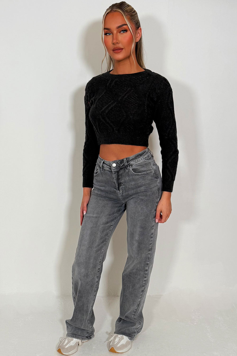 Cable Knit Jumper Cropped Charcoal | Xtralitty