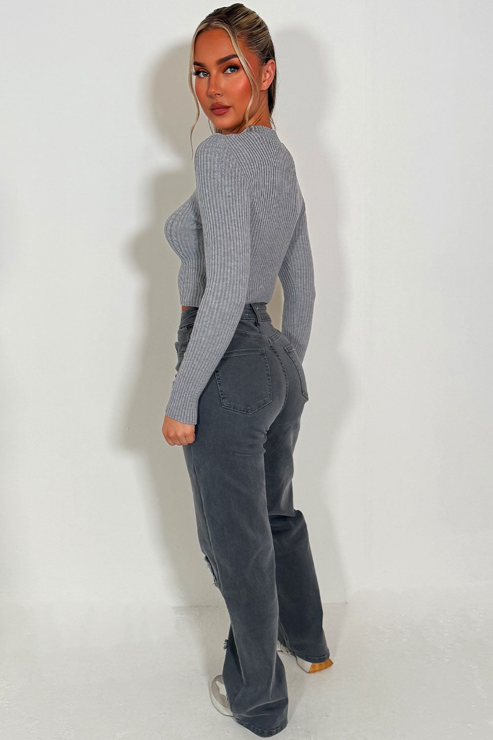 Crop Knitted Jumper with Long Sleeves Grey | Xtralitty
