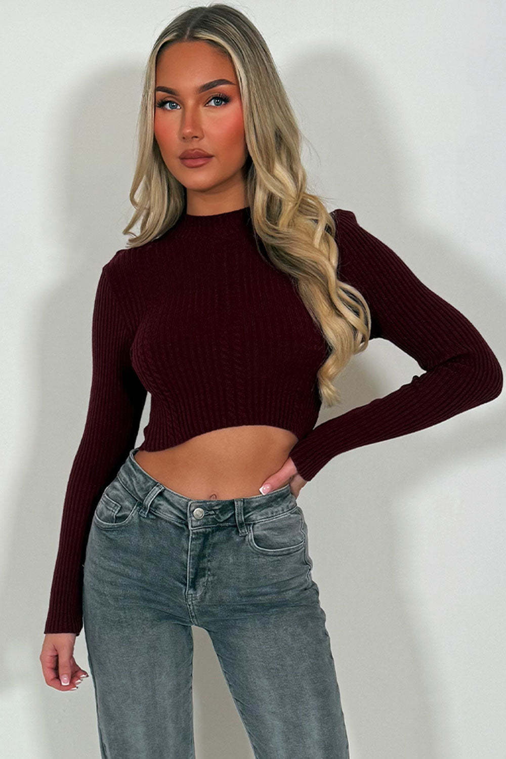 Crop Knitted Jumper with Long Sleeves Burgundy | Xtralitty
