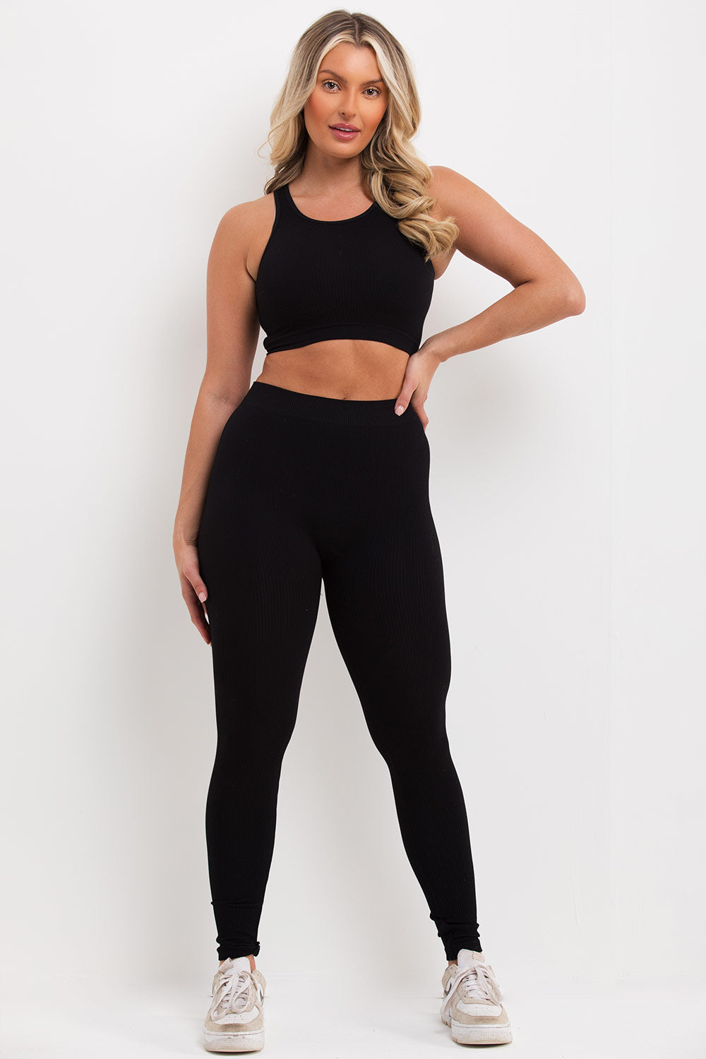 Ribbed Leggings and Crop Top Co Ord Set Black | Xtralitty