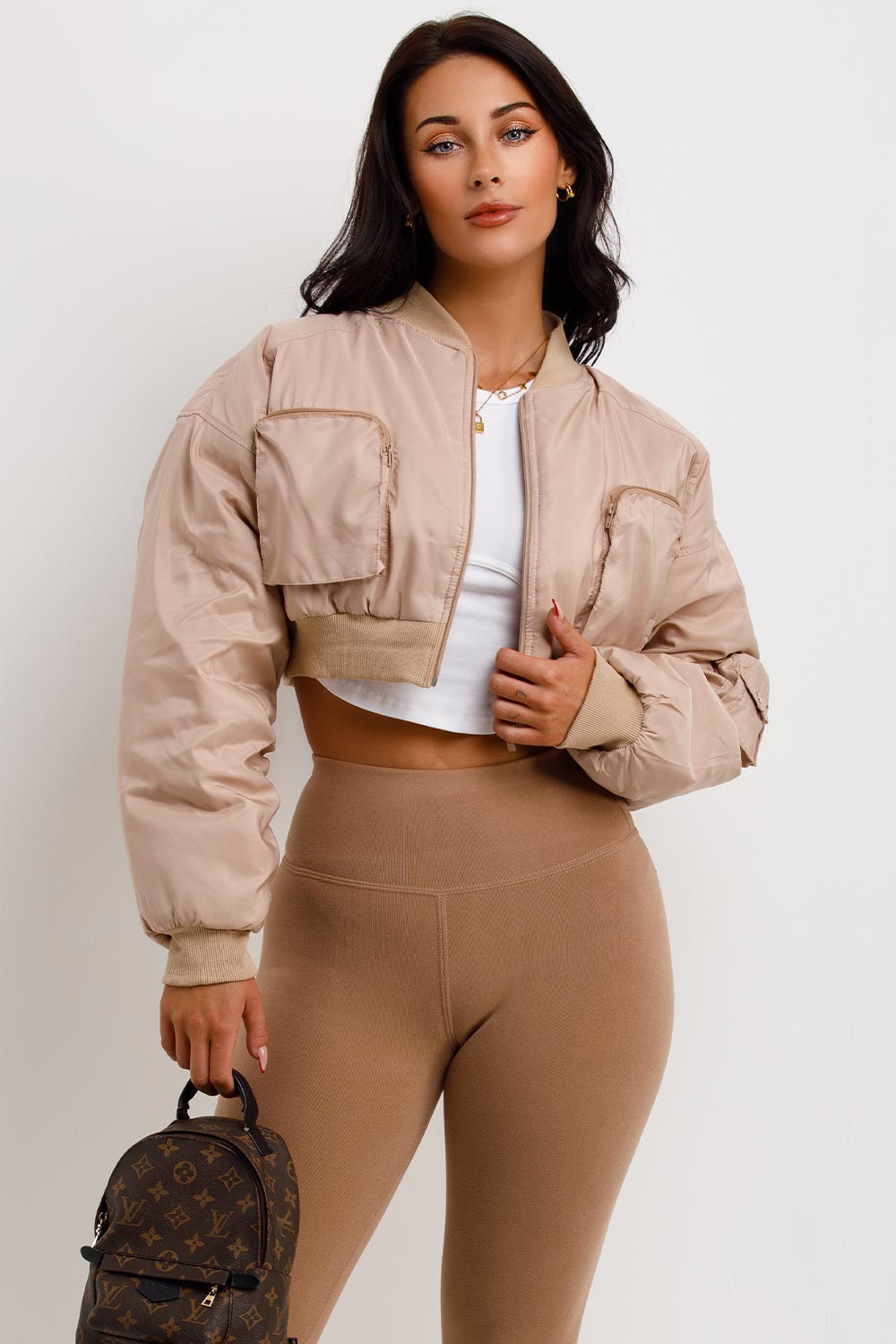 Crop Bomber Jacket with Pockets Beige | Xtralitty