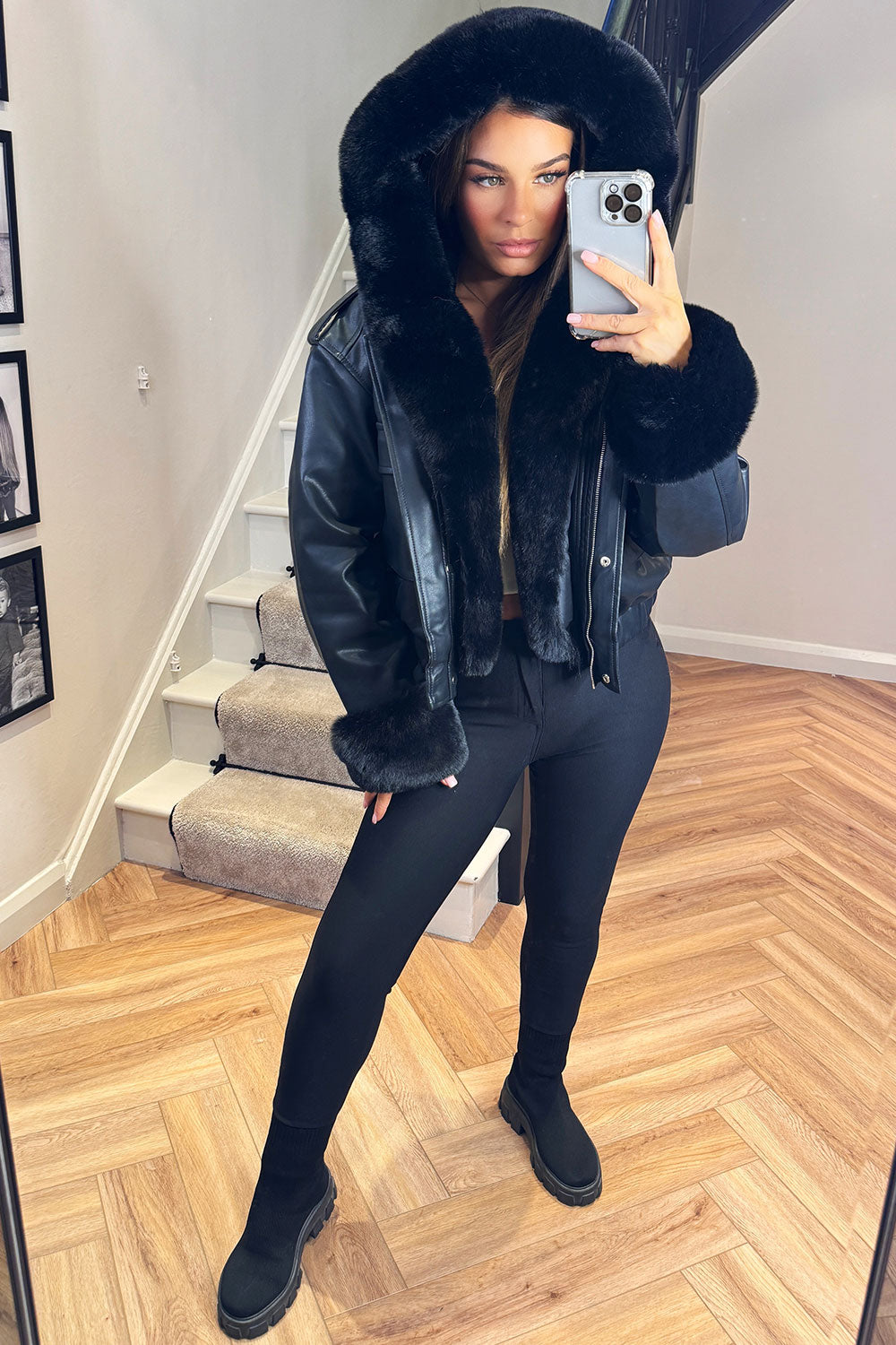 Faux Fur Bomber Jacket in Faux Leather Black | Xtralitty