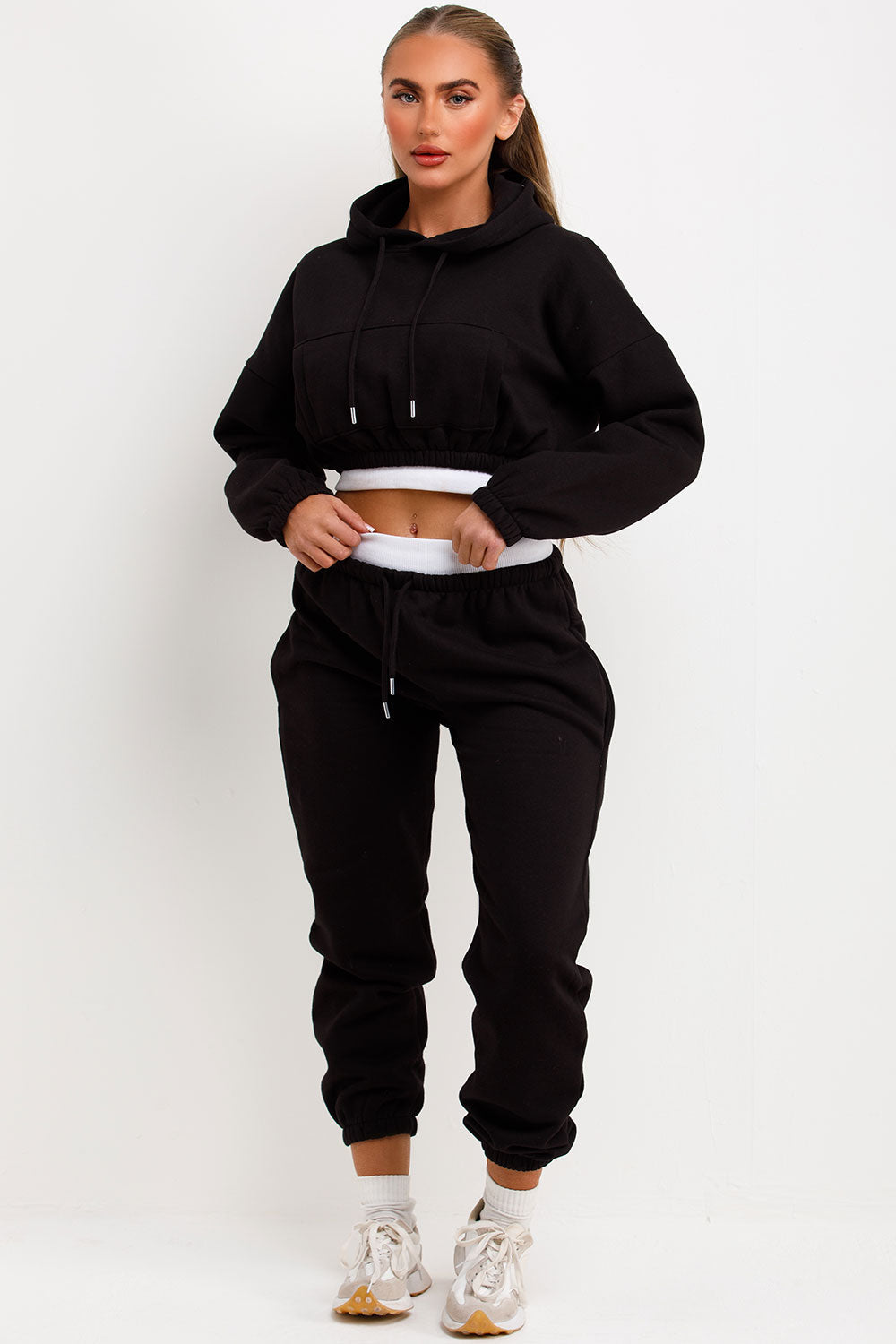 Crop Hoodie and Joggers Tracksuit Ribbed Hem Bla | Xtralitty