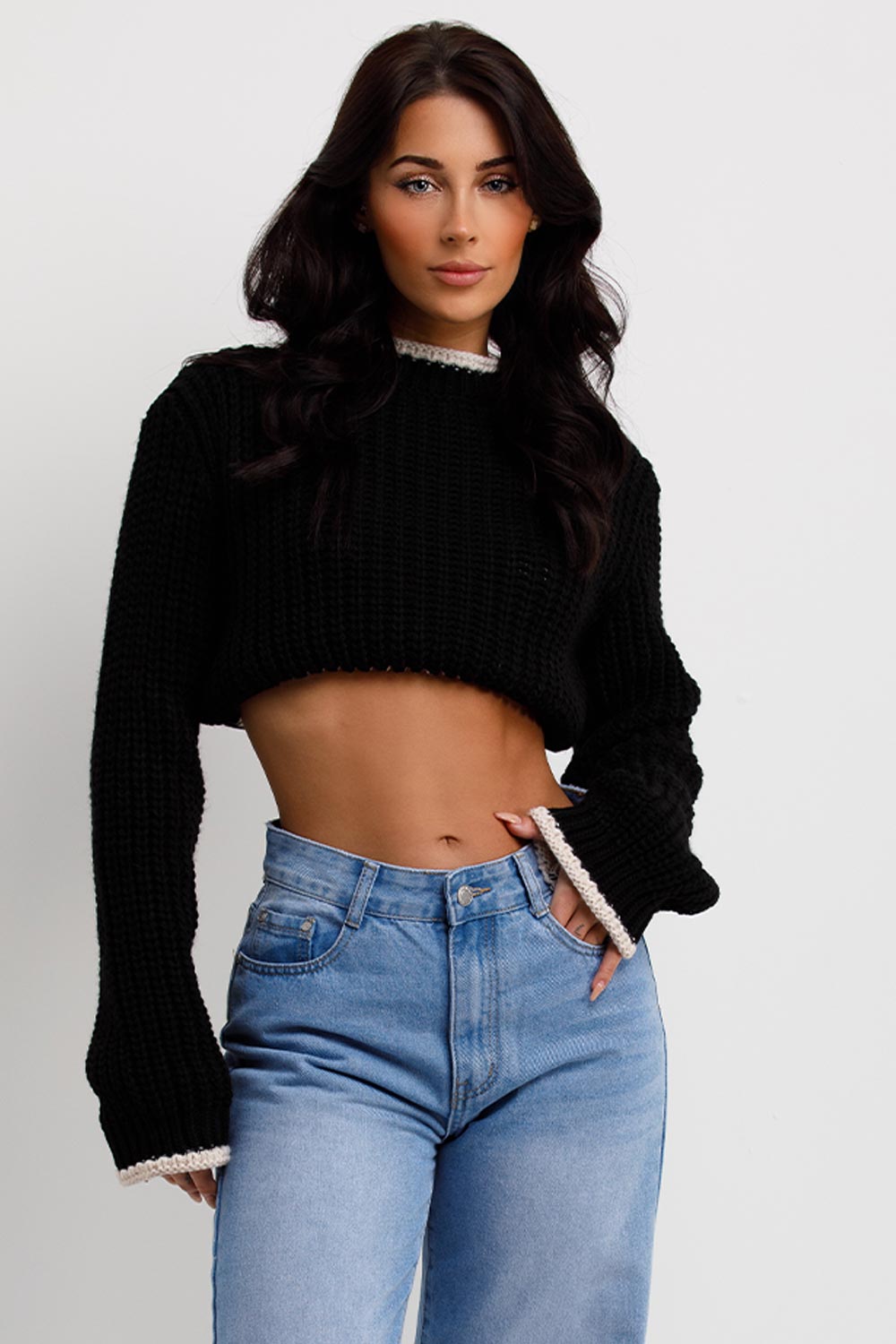 Black Long Sleeve Knitted Cropped Jumper | Xtralitty