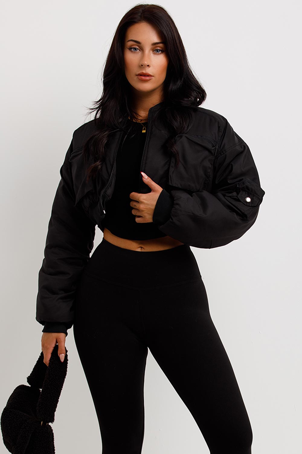 Crop Bomber Jacket with Pockets Black | Xtralitty