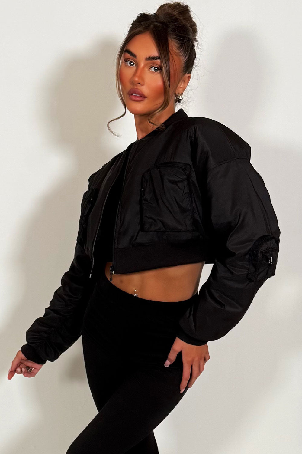Crop Bomber Jacket with Pockets Black | Xtralitty