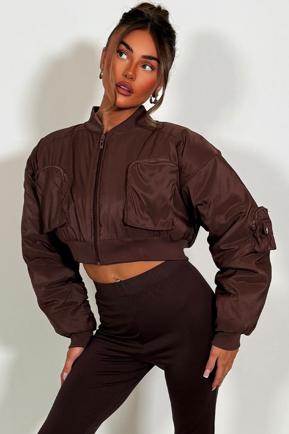 Crop Bomber Jacket with Pockets Brown | Xtralitty