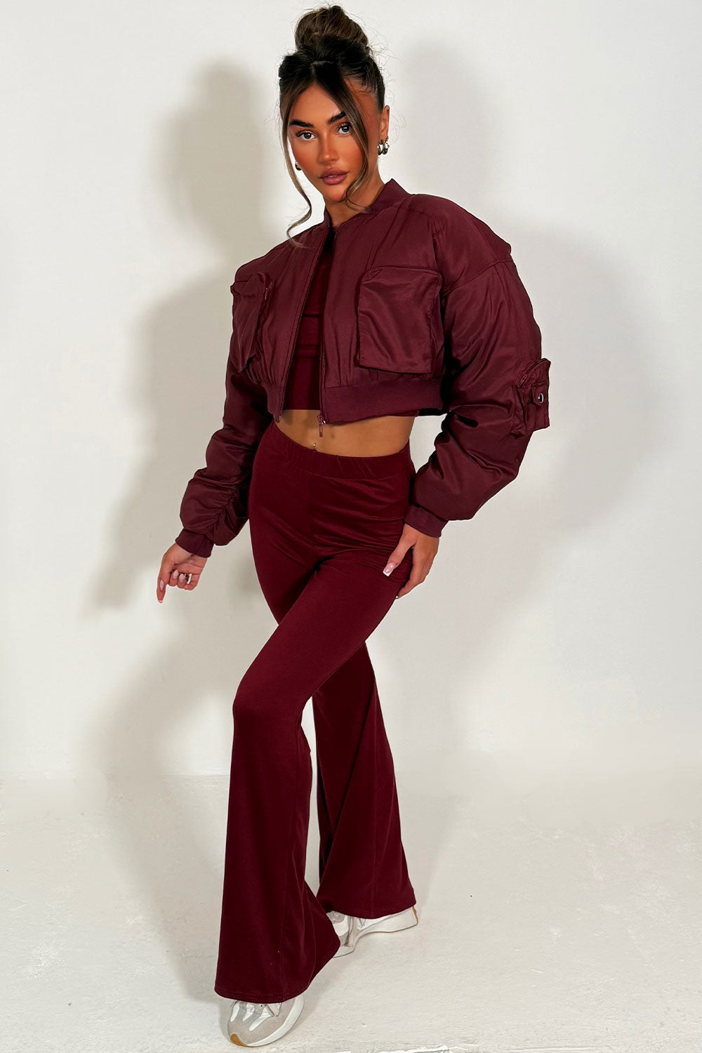 Crop Bomber Jacket with Pockets Burgundy | Xtralitty