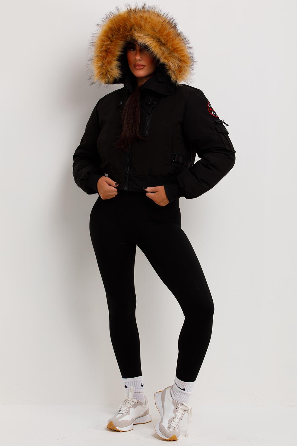 Canada Crop Bomber Jacket with Fur Hood Black | Xtralitty