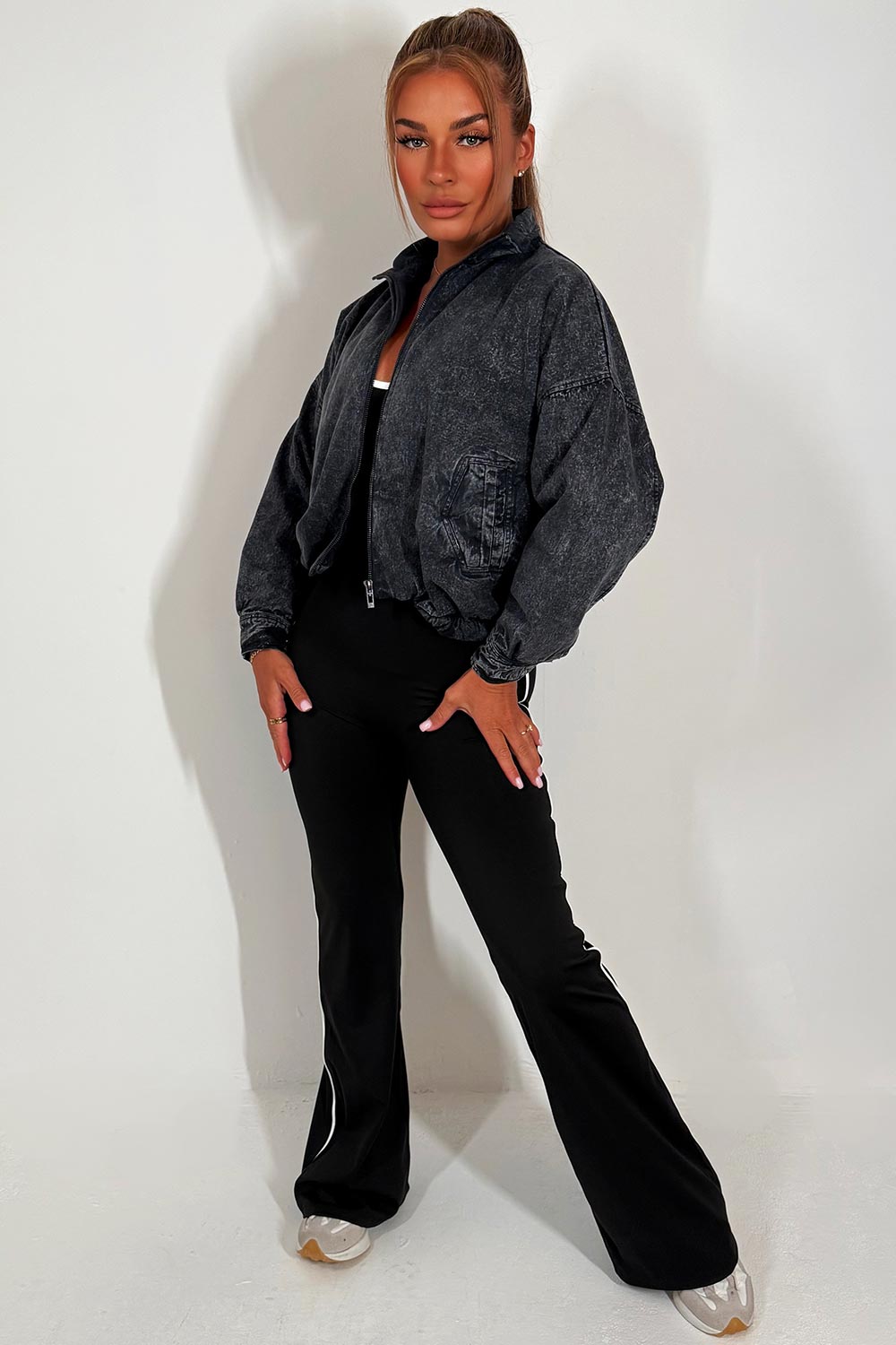 Crop Bomber Jacket Charcoal Acid Wash | Xtralitty