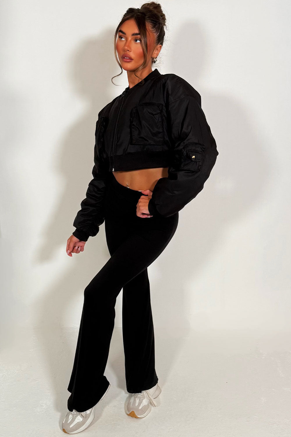 Crop Bomber Jacket with Pockets Black | Xtralitty