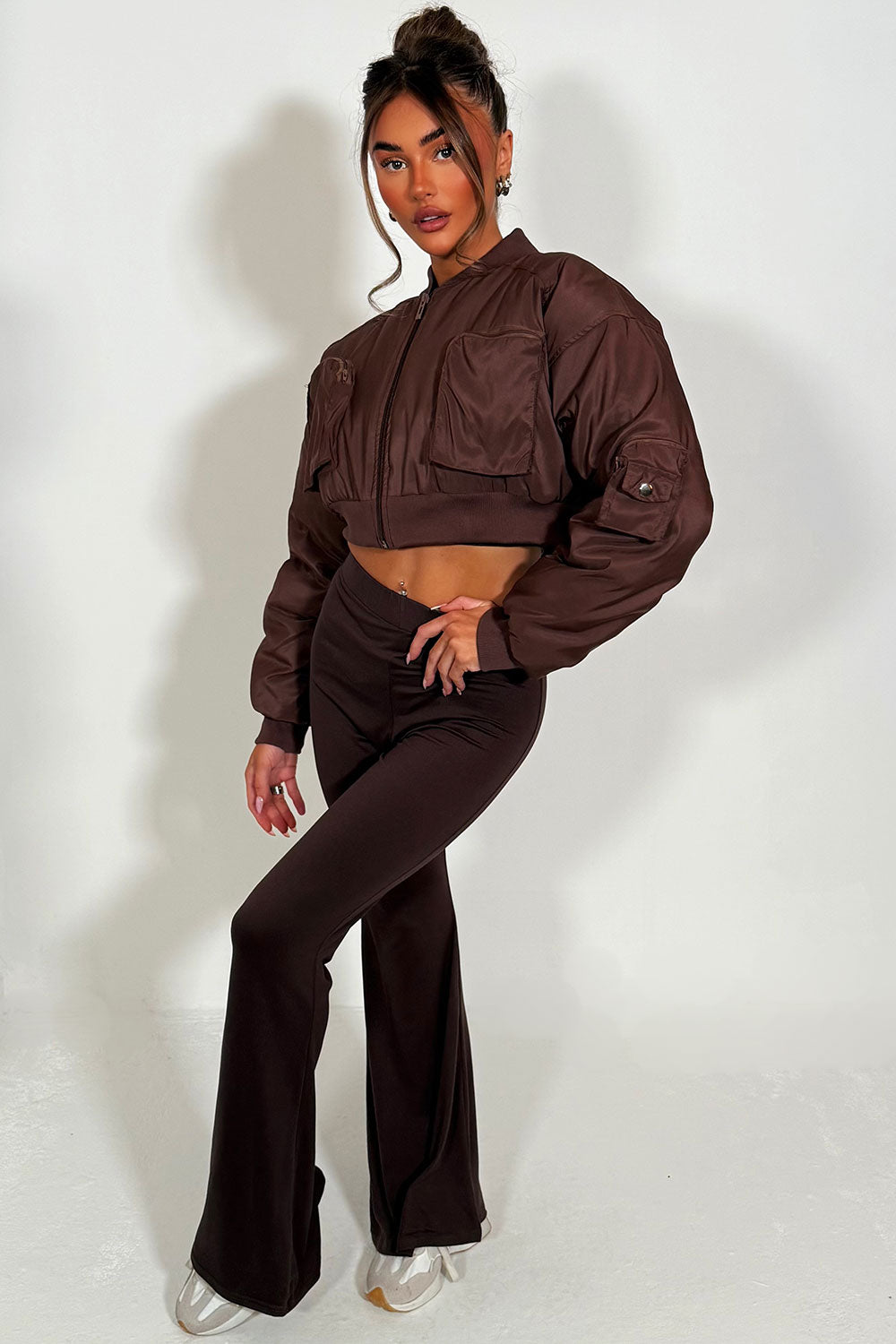 Crop Bomber Jacket with Pockets Brown | Xtralitty