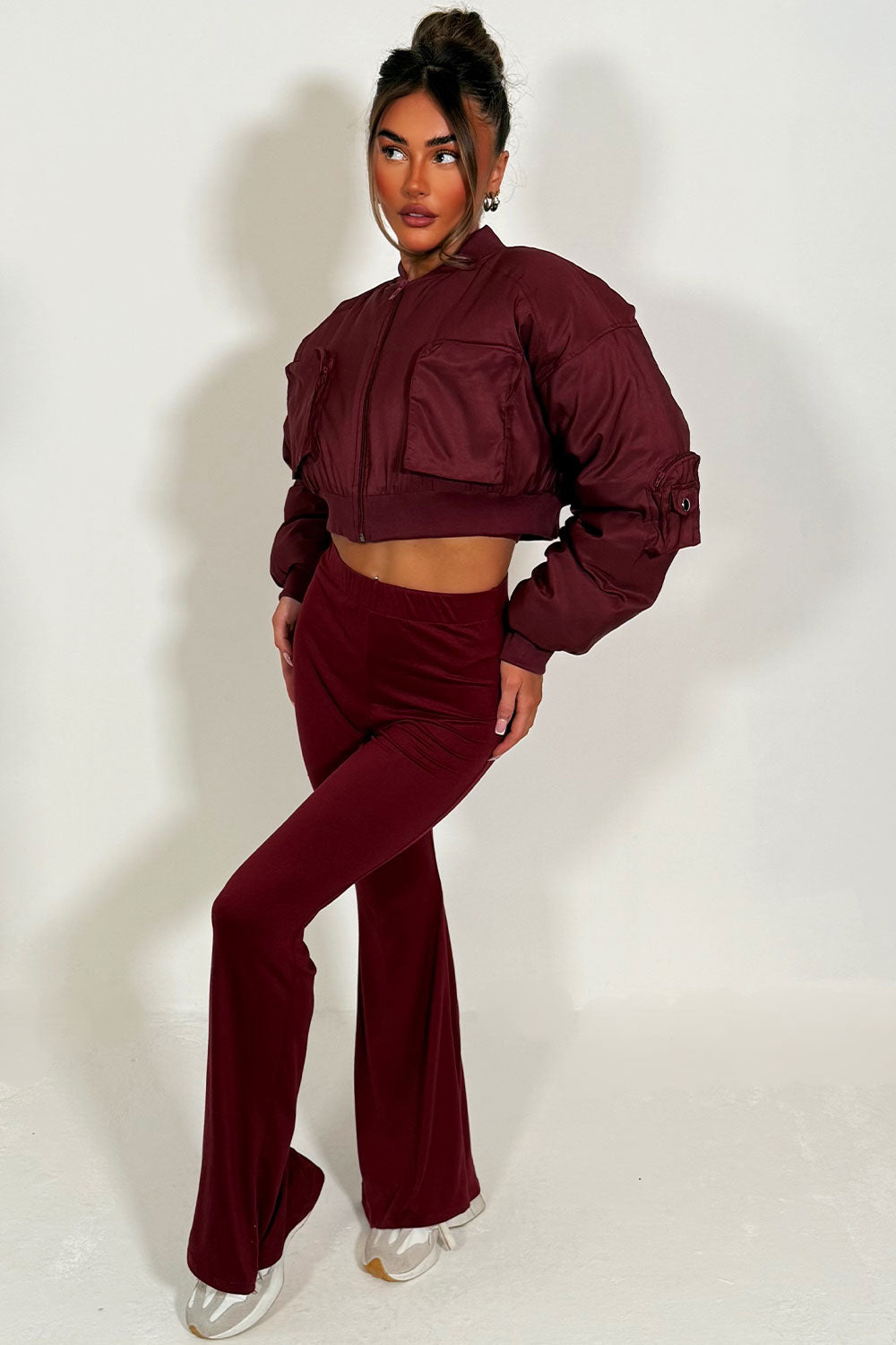 Crop Bomber Jacket with Pockets Burgundy | Xtralitty