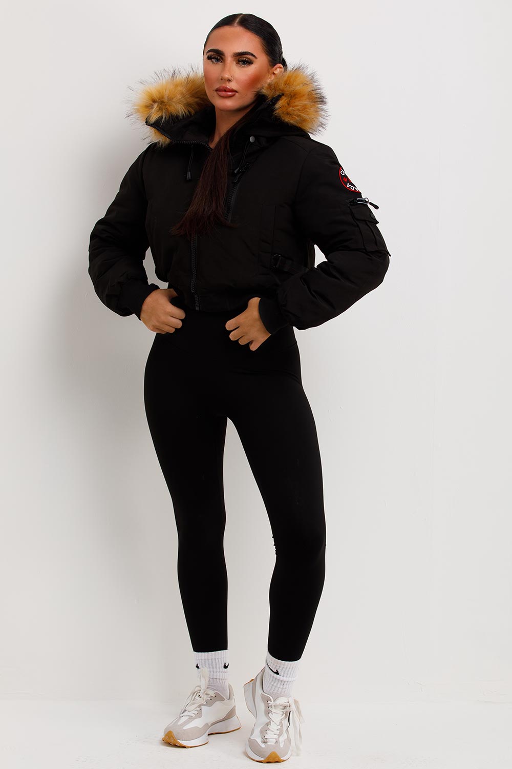 Canada Crop Bomber Jacket with Fur Hood Black | Xtralitty
