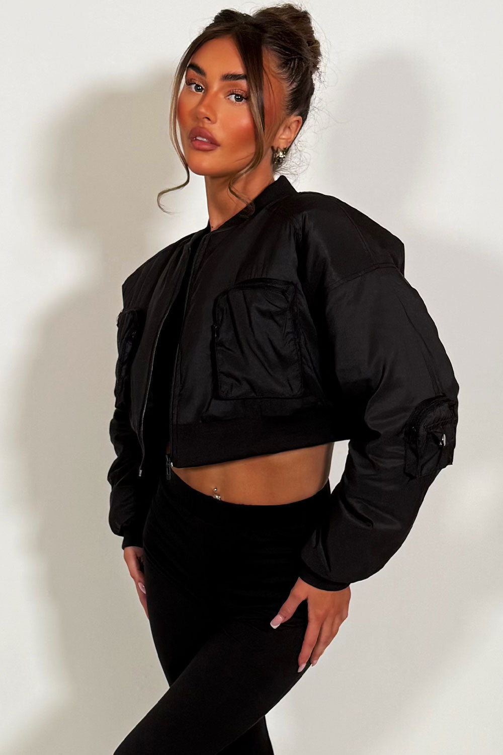 Crop Bomber Jacket with Pockets Black | Xtralitty