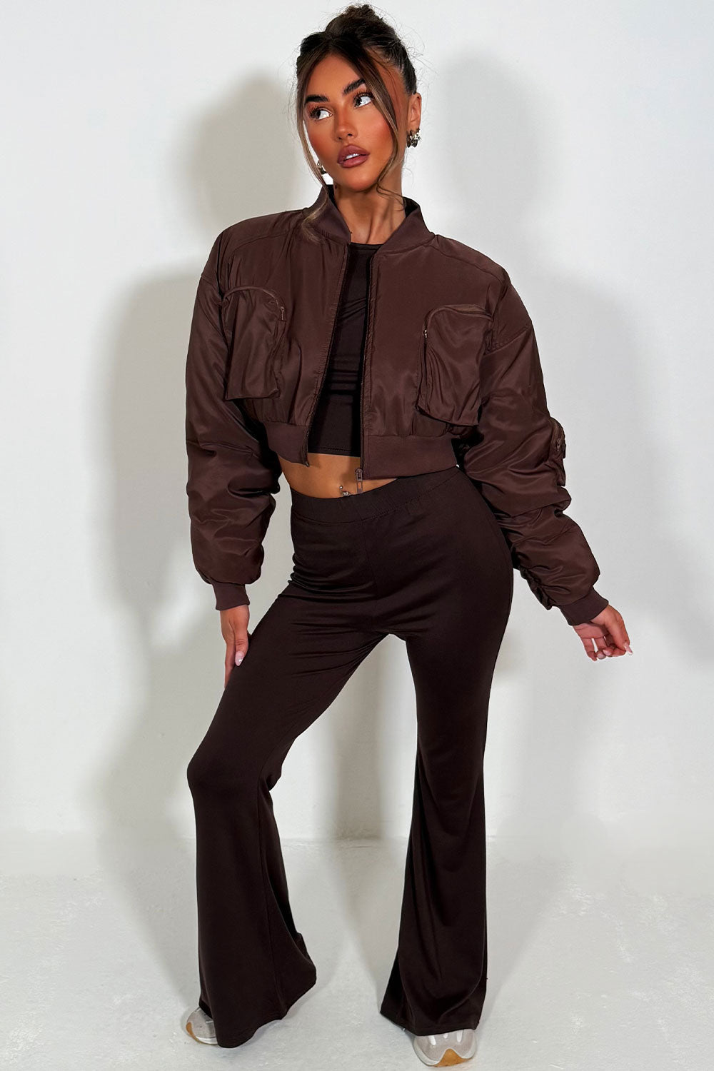 Crop Bomber Jacket with Pockets Brown | Xtralitty
