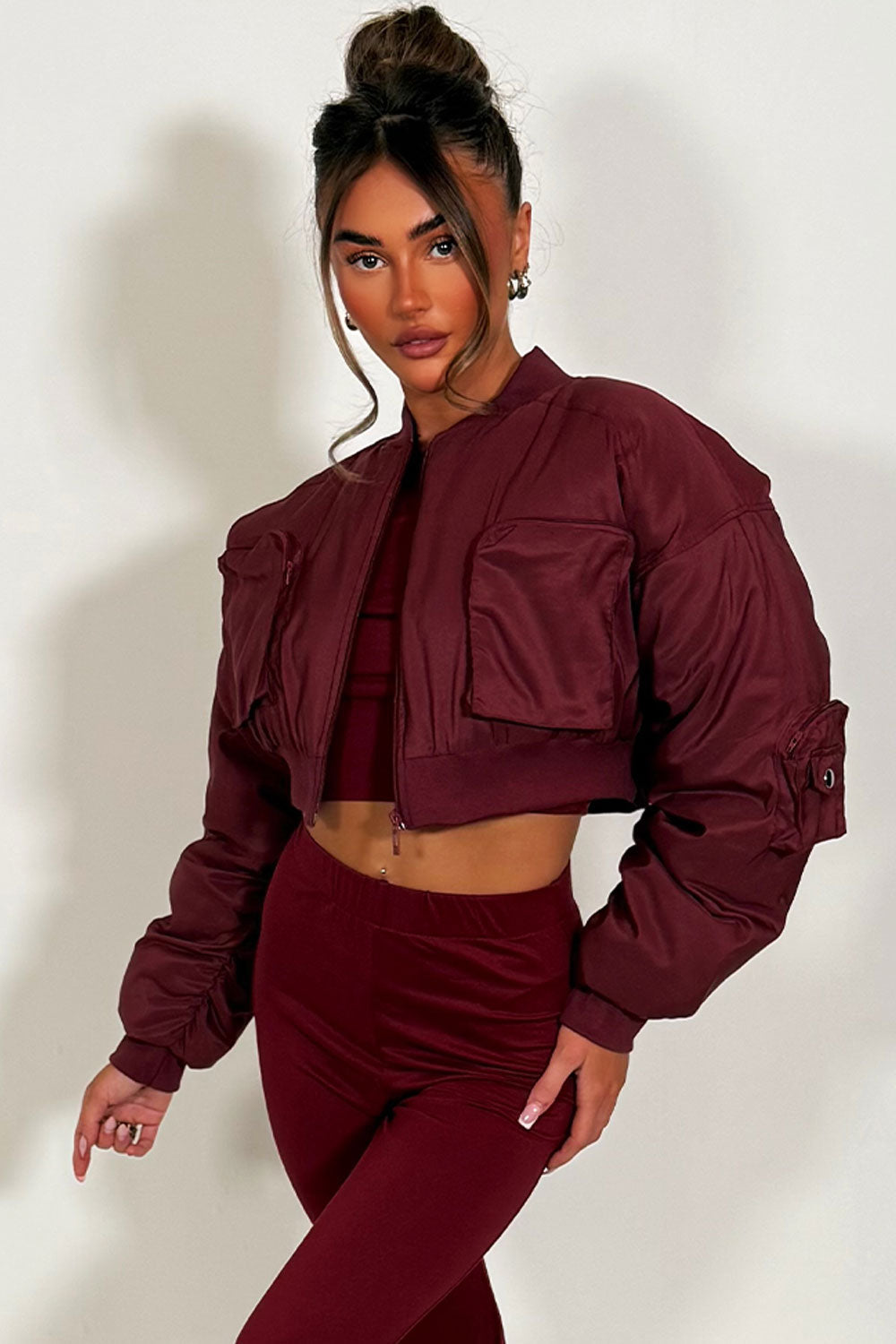 Crop Bomber Jacket with Pockets Burgundy | Xtralitty