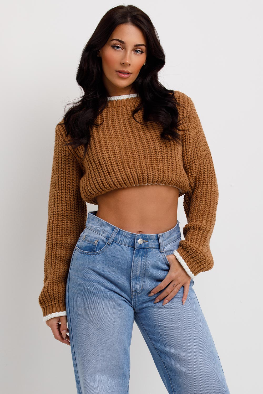 Brown Long Sleeve Knitted Cropped Jumper | Xtralitty