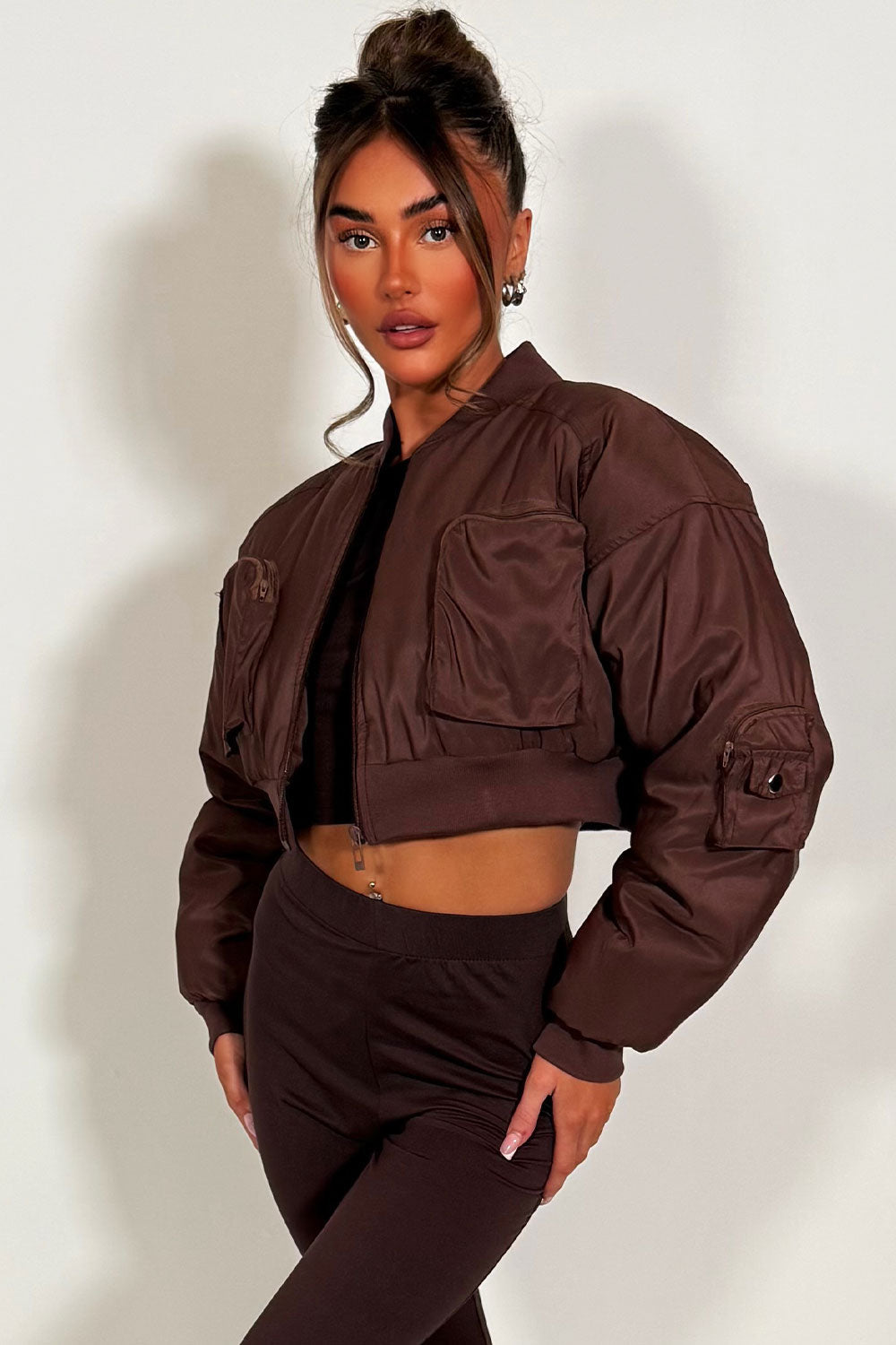 Crop Bomber Jacket with Pockets Brown | Xtralitty