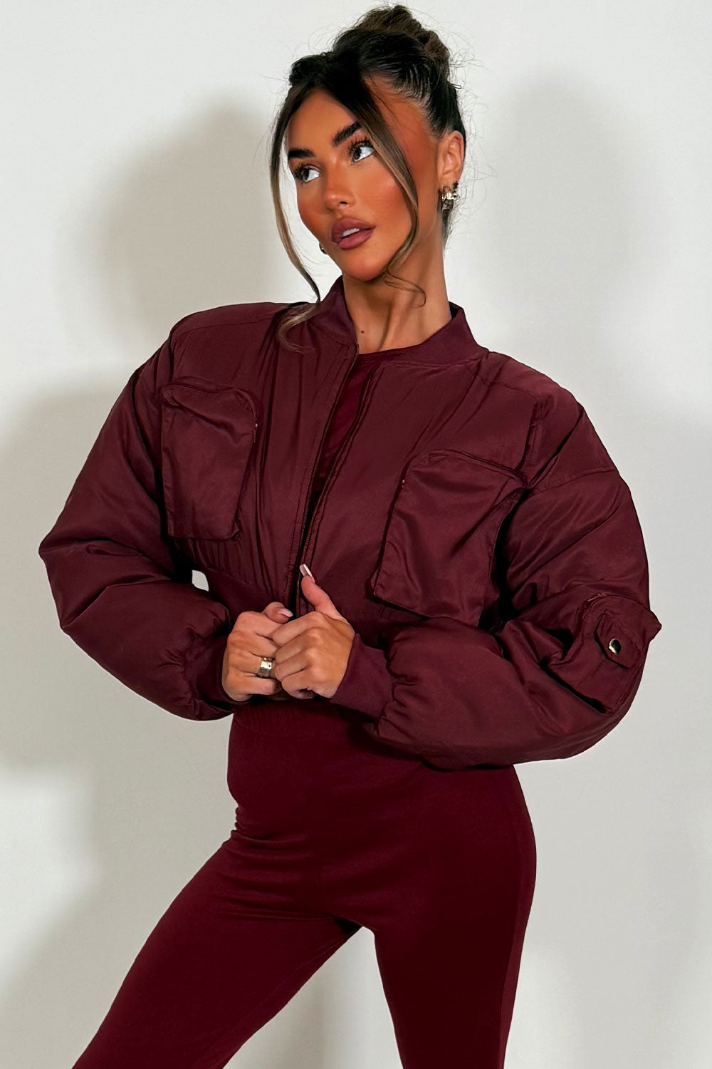 Crop Bomber Jacket with Pockets Burgundy | Xtralitty