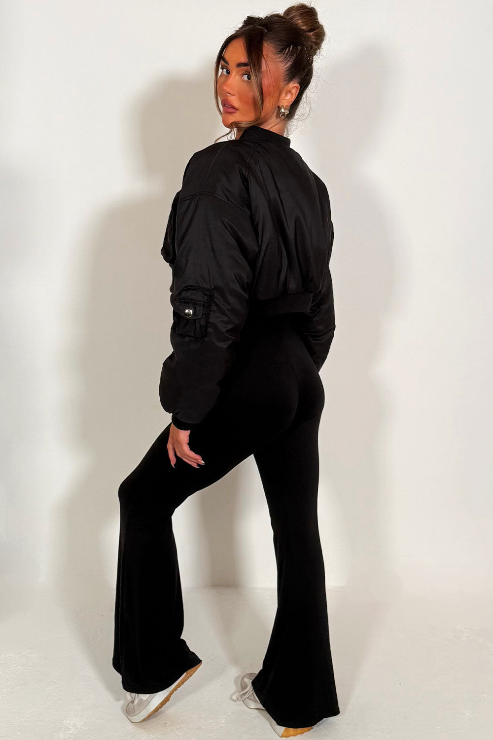 Crop Bomber Jacket with Pockets Black | Xtralitty