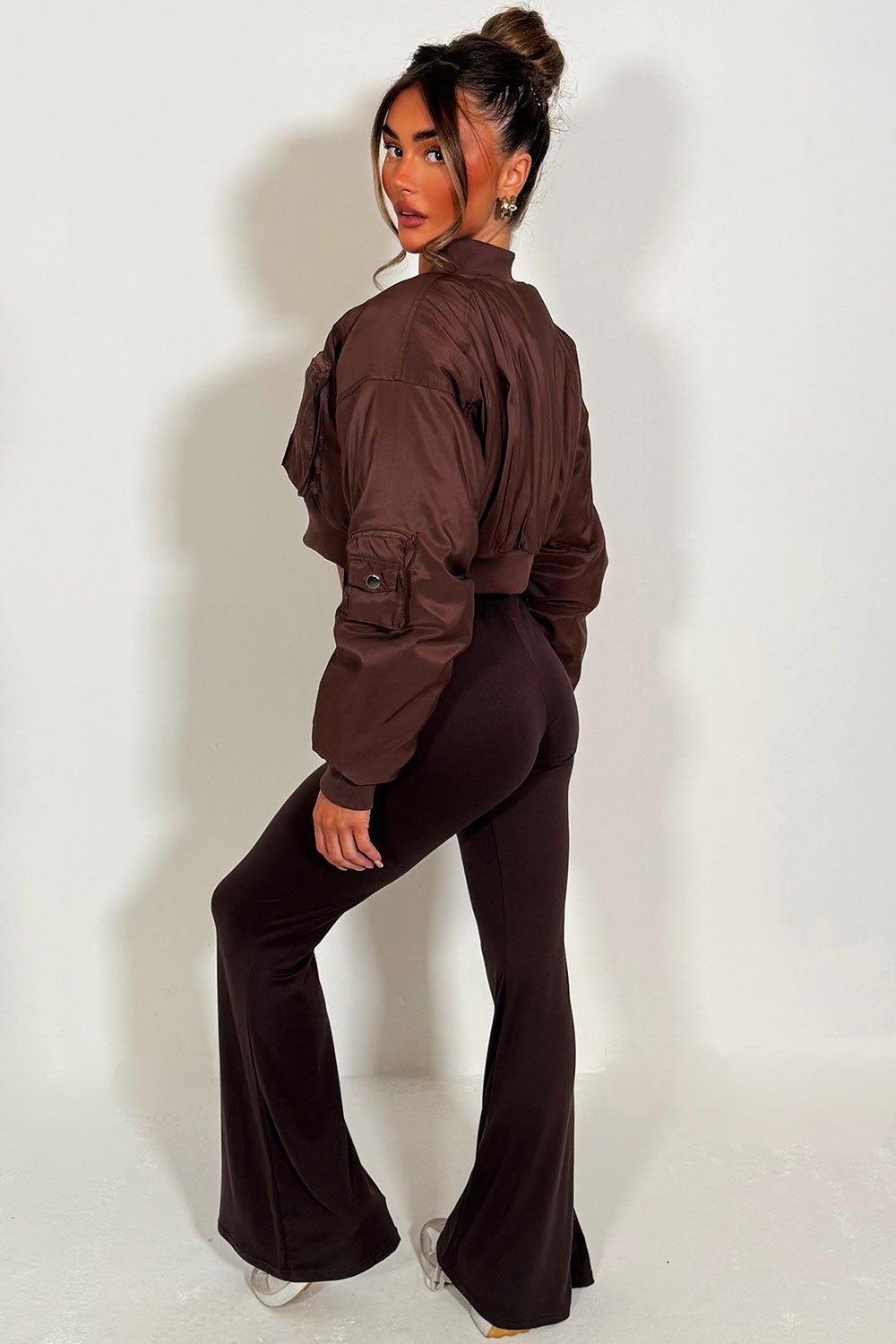 Crop Bomber Jacket with Pockets Brown | Xtralitty