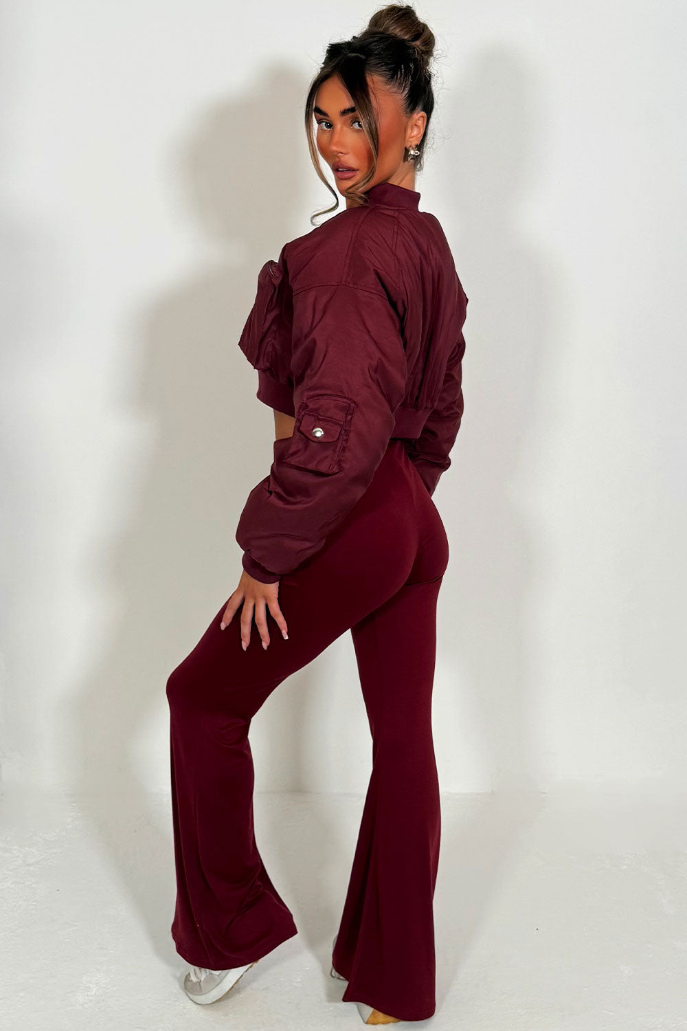 Crop Bomber Jacket with Pockets Burgundy | Xtralitty