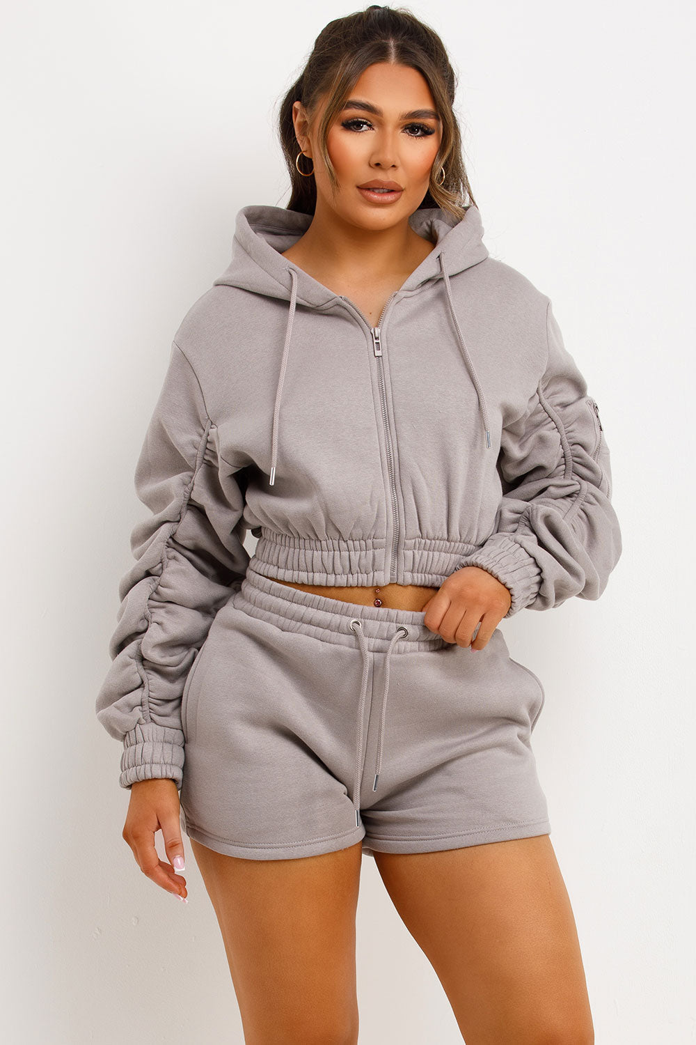 Ruched Crop Zip Hoodie and Shorts Tracksuit Set | Xtralitty