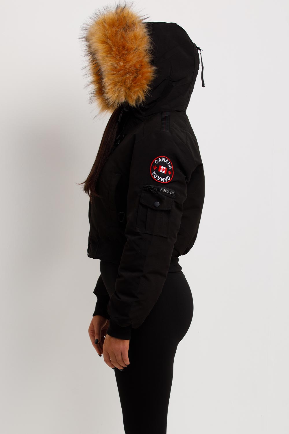 Canada Crop Bomber Jacket with Fur Hood Black | Xtralitty