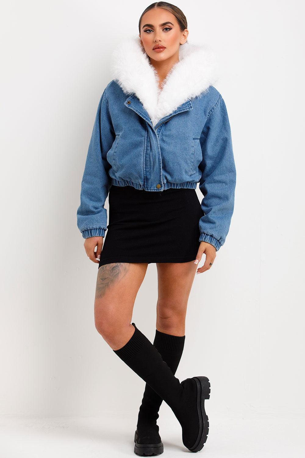 Denim Bomber Jacket with White Faux Fur Hood and | Xtralitty