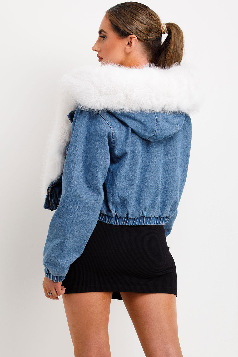 Denim Bomber Jacket with White Faux Fur Hood and | Xtralitty