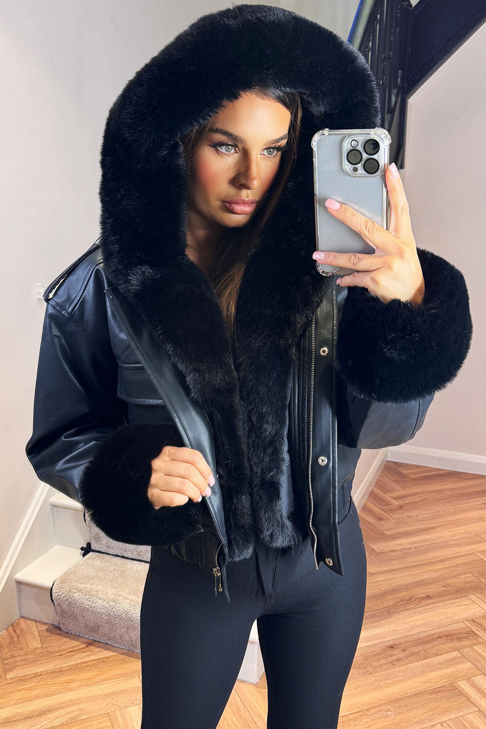 Faux Fur Bomber Jacket in Faux Leather Black | Xtralitty
