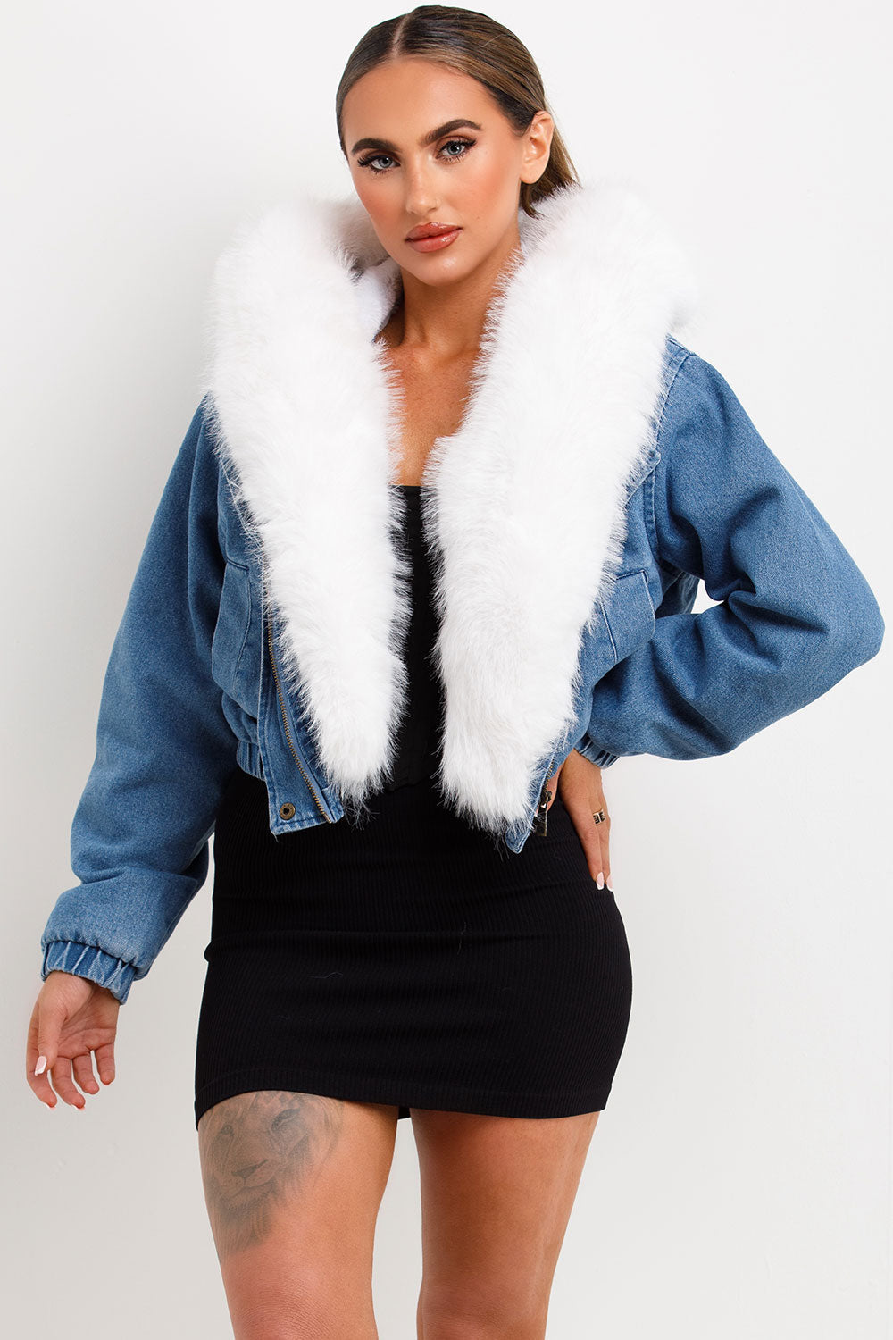 Denim Bomber Jacket with White Faux Fur Hood and | Xtralitty
