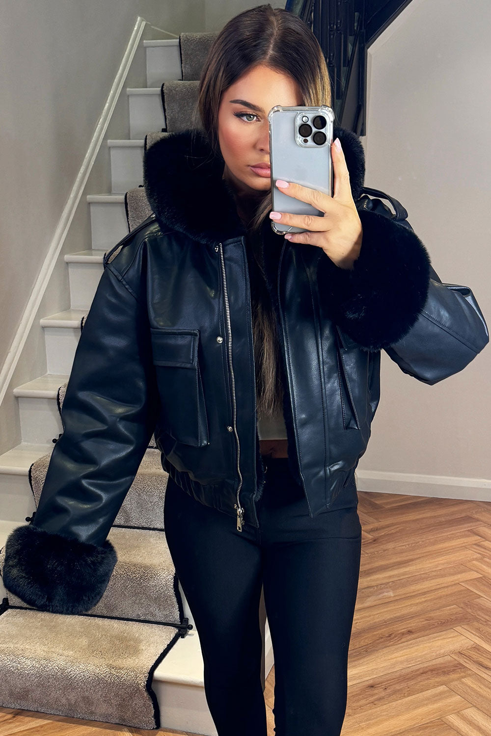 Faux Fur Bomber Jacket in Faux Leather Black | Xtralitty