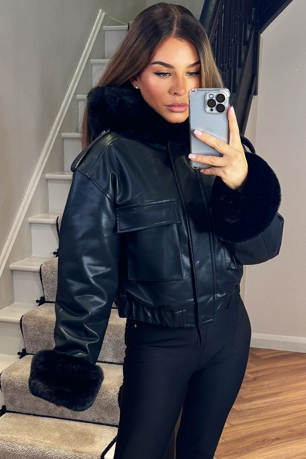 Faux Fur Bomber Jacket in Faux Leather Black | Xtralitty