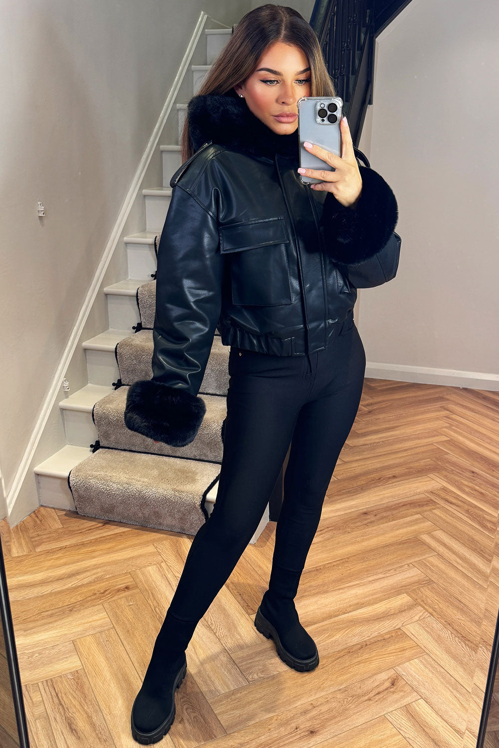 Faux Fur Bomber Jacket in Faux Leather Black | Xtralitty