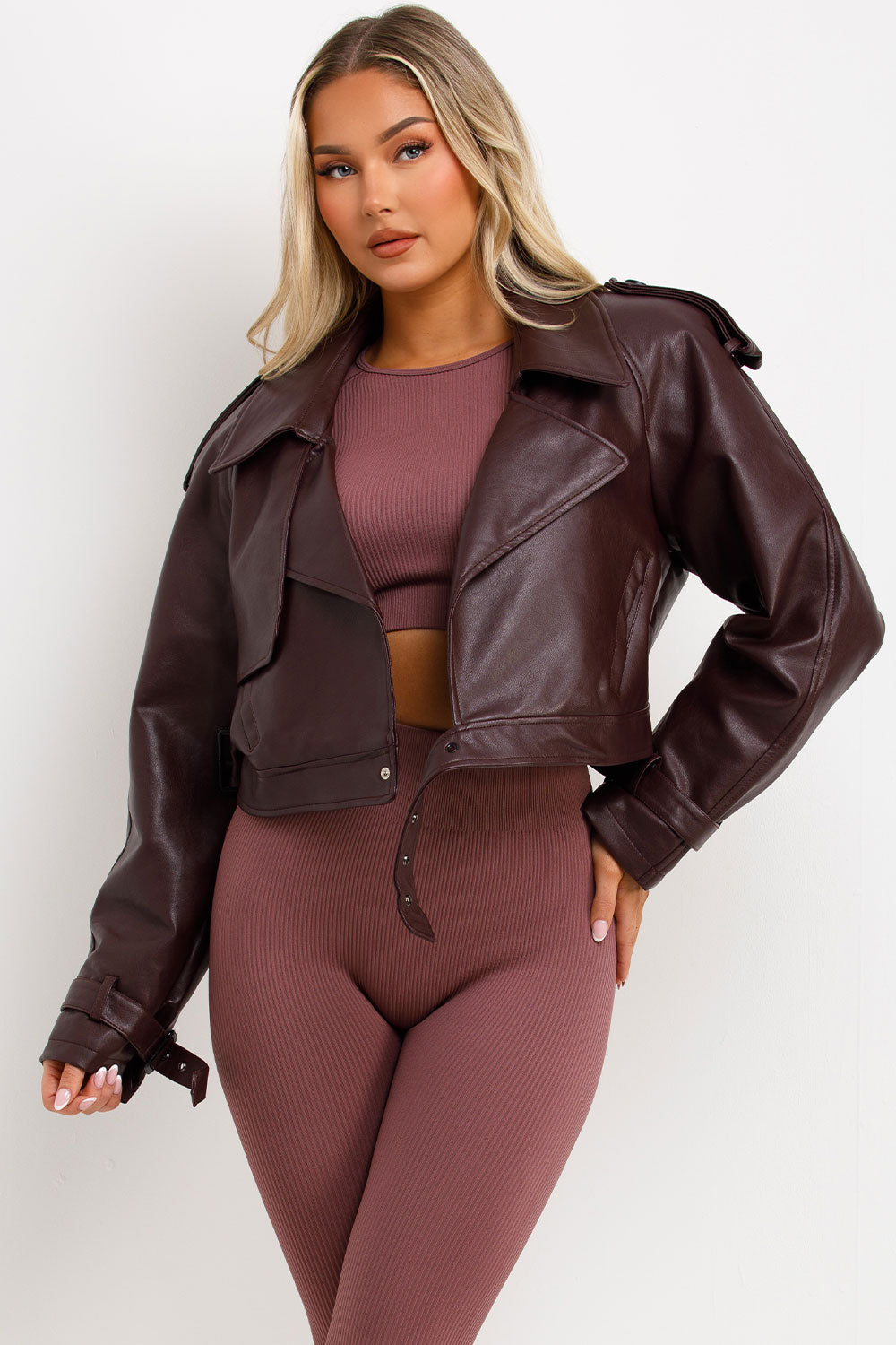 Burgundy Faux Leather Jacket with Tabs | Xtralitty